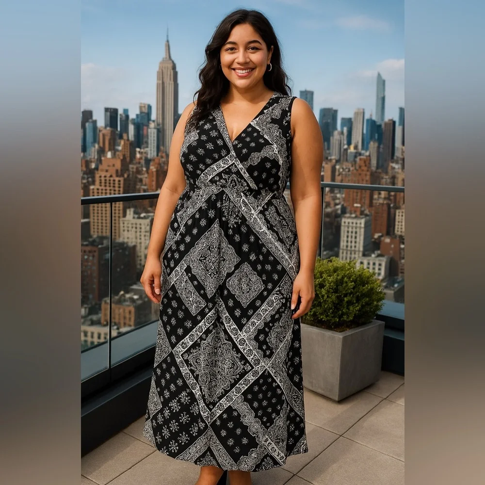 Elementz Woman Black & White Sleeveless Maxi Dress - Size 1X (NWT) - Picture 1 of 11